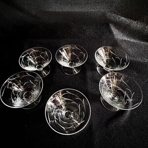 Vintage Set of 6 Etched Vine Low Sherbet Champagne Coupe Glasses Clear 2.75 inch
